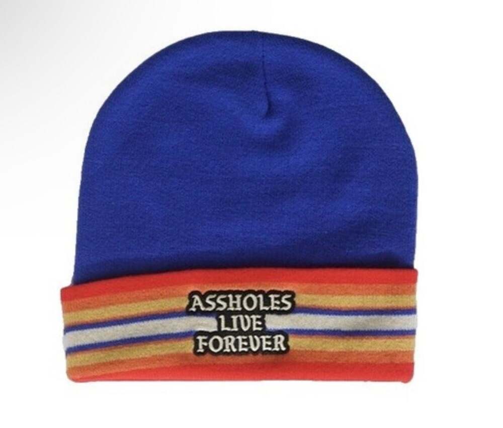 Assholes Live Forever Striped Beanie Hat Blue Orange
